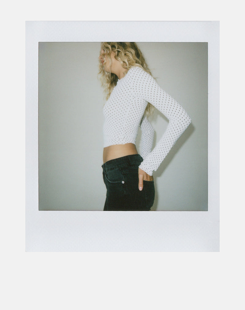 White with Micro Polka Black Print Long Sleeve Top | Delano