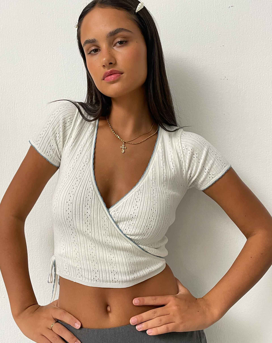 Delilah Wrap Top in White Pointelle Knit - Main Image