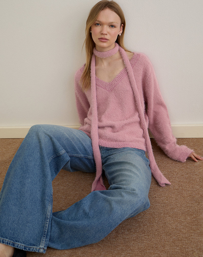 ニット+セーター OVER SIZE KNIT WITH MUFFLER/PINK Dusty Pink Fluffy Knit Jumper With Scarf | Dikara – motelrocks-com-us