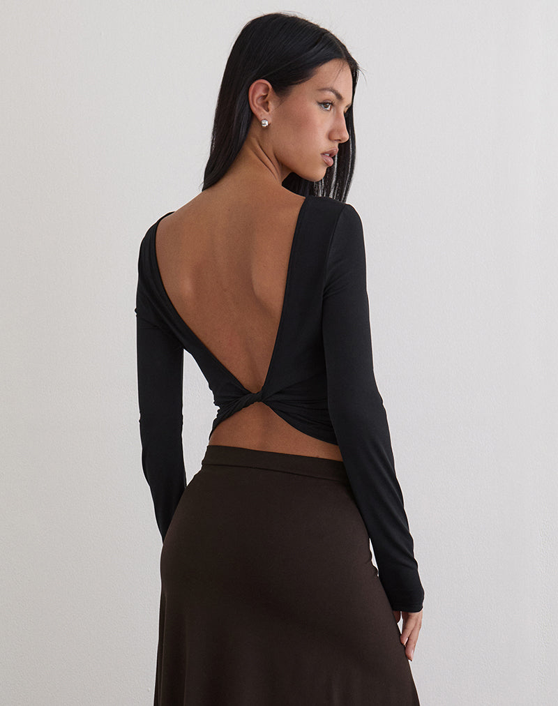 Black Cupro Long Sleeve Twist Back Top | Diya – motelrocks-com-us