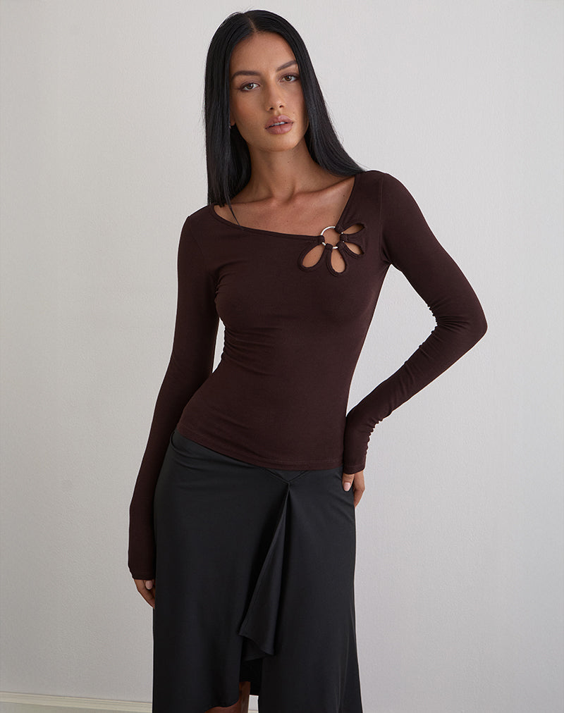 Bitter Chocolate Long Sleeve Top with Flower Ring | Donela