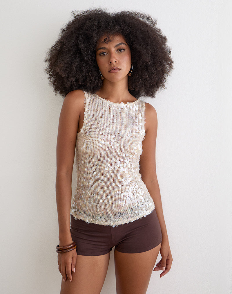 Cream Sequin Crochet Vest Top | Dudley – motelrocks-com-us