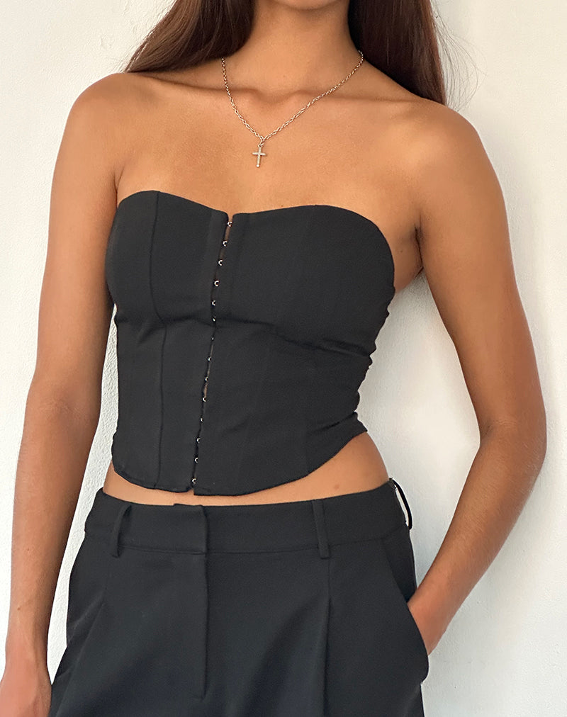 Hook And Eye Detail Strappy Corset Crop Top In Black Lace