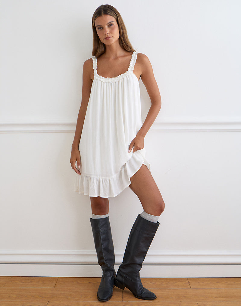 elowen denim mini dress Elowen Frill Mini Dress in Crinkle Off White