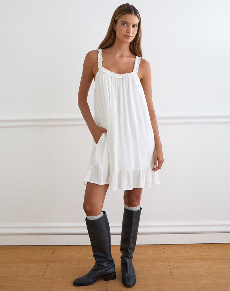 elowen mini dress Elowen Frill Mini Dress in Crinkle Off White
