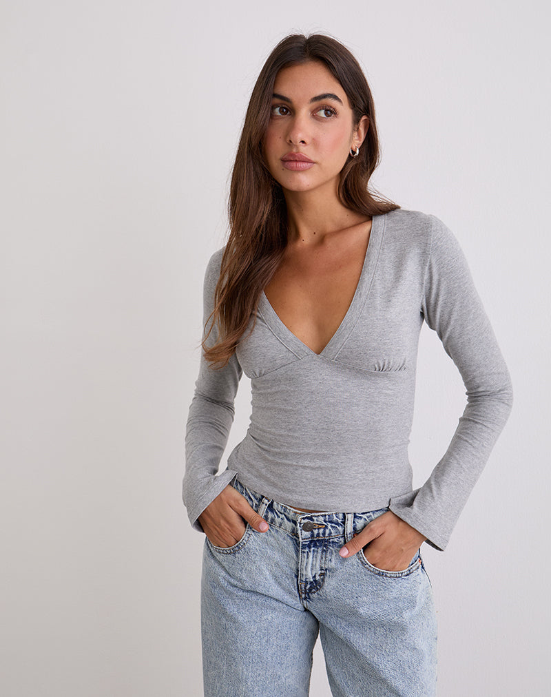 Grey Marl Long Sleeve Plunge Top | Emesy – motelrocks-com-us