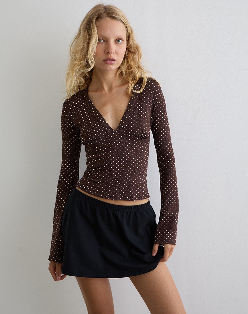 Brown Micro Polka Print Long Sleeve Top | Emesy – motelrocks-com-us