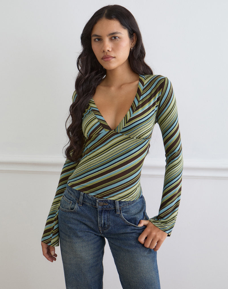 Green Mixed Stripe Long Sleeve Top | Emesy – motelrocks-com-us