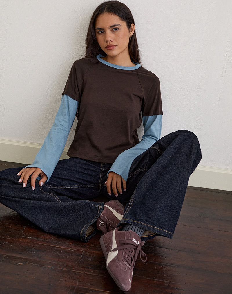 Brown and Blue Double Layered Short and Long Sleeve T-shirt | Enid
