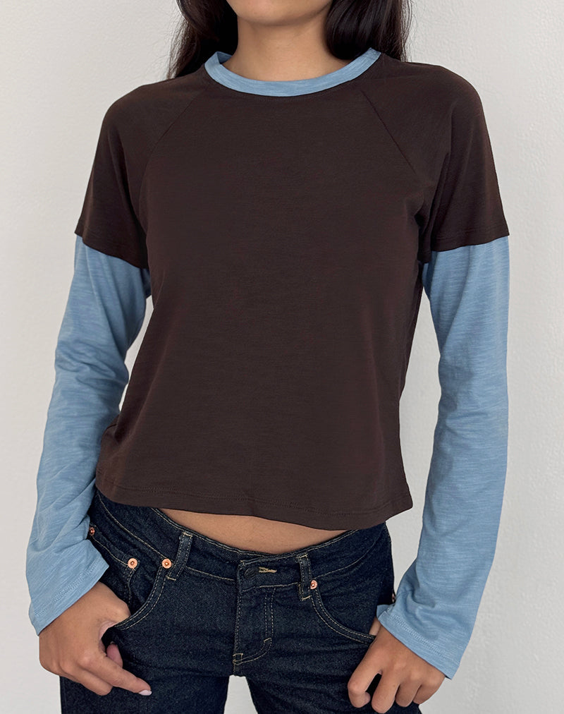 Brown and Blue Double Layered Short and Long Sleeve T-shirt | Enid