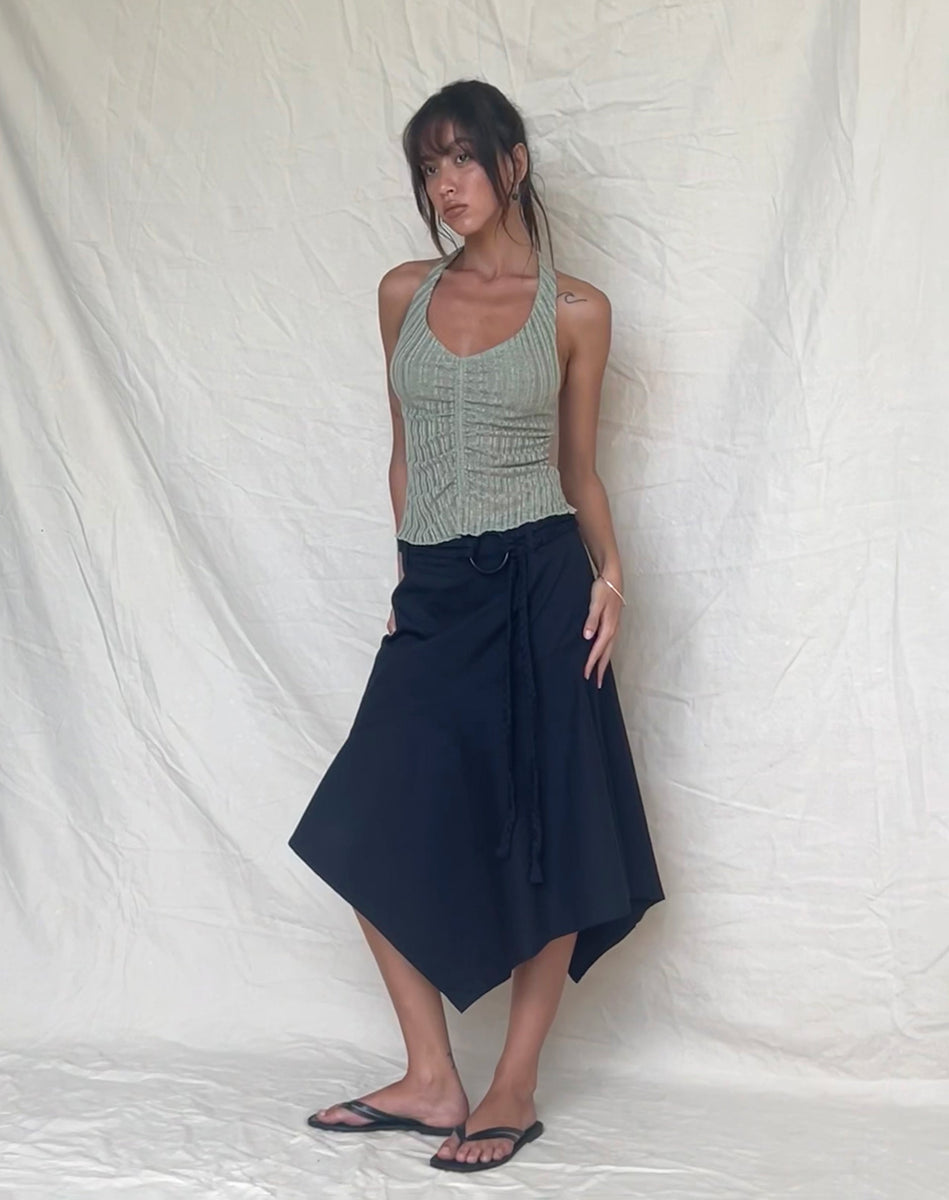 【PORTERNA】Ron belted mid-length skirt Black with Braided Belt Asymmetric Midi Skirt | Nejusi