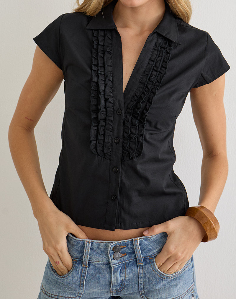 トップス andequal piping bulky frill blouse black Black Poplin Blouse with Center Frill Detail | Estu – motelrocks