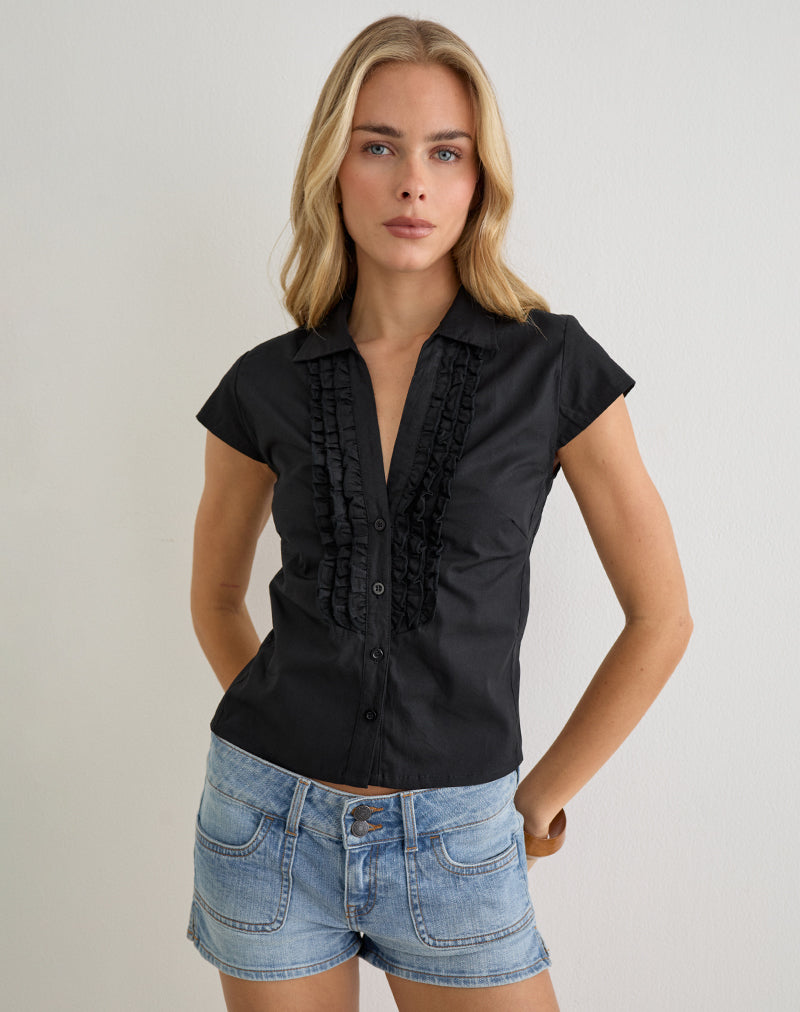 Black Poplin Blouse with Center Frill Detail | Estu – motelrocks