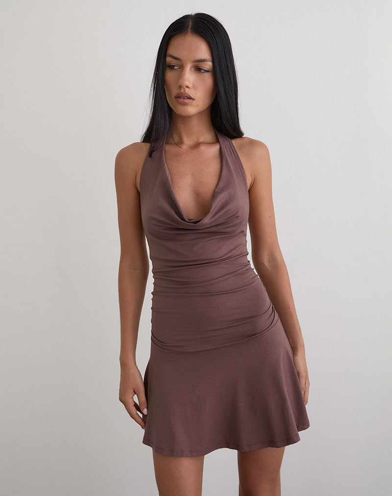 Eutalia Cowl Neck Halter Dress in Deep Taupe , Halter Neck Eutalia Cowl Neck Halter Dress in Deep Taupe , Halter Neck