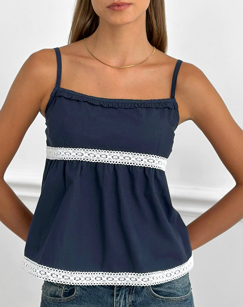Dark Navy Square Neck Cami Top with Lace Trim | Evren – motelrocks
