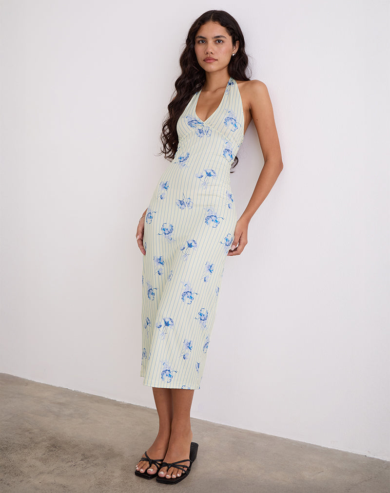 Fadwa Midi Dress in Floral Stripe Cream , Halter Neck , Loose Fit Fadwa Midi Dress in Floral Stripe Cream , Halter Neck , Loose Fit