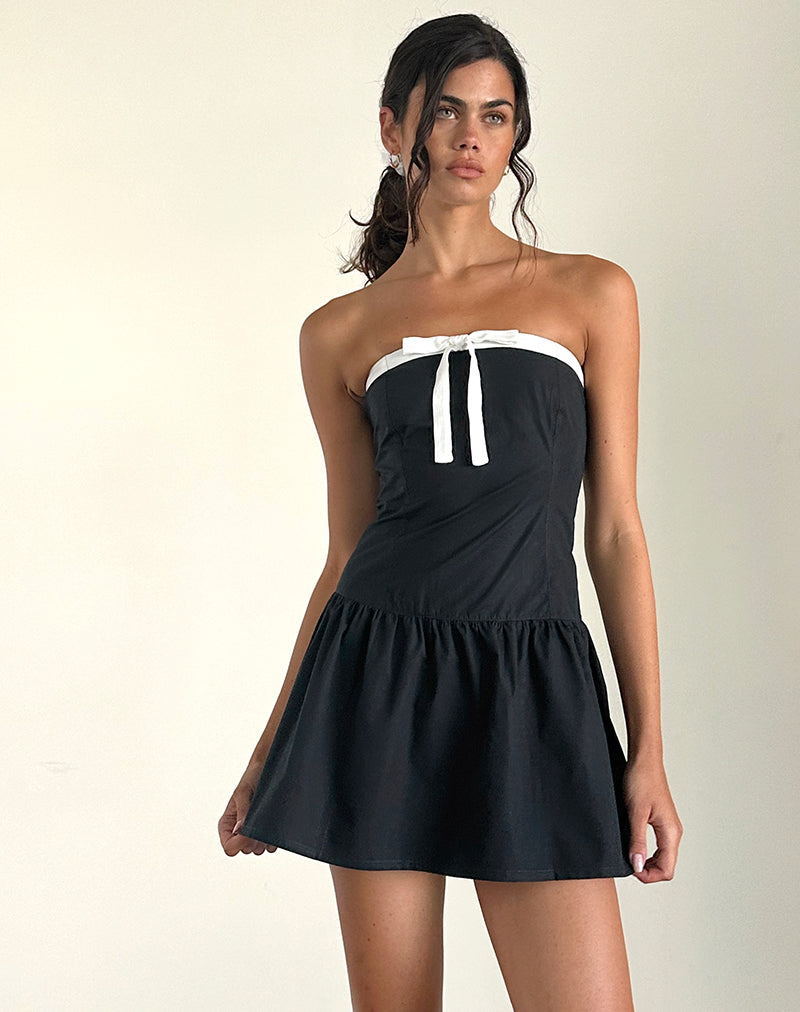Faelas Mini Dress in Tap Shoe with Off White Bows , Pleated