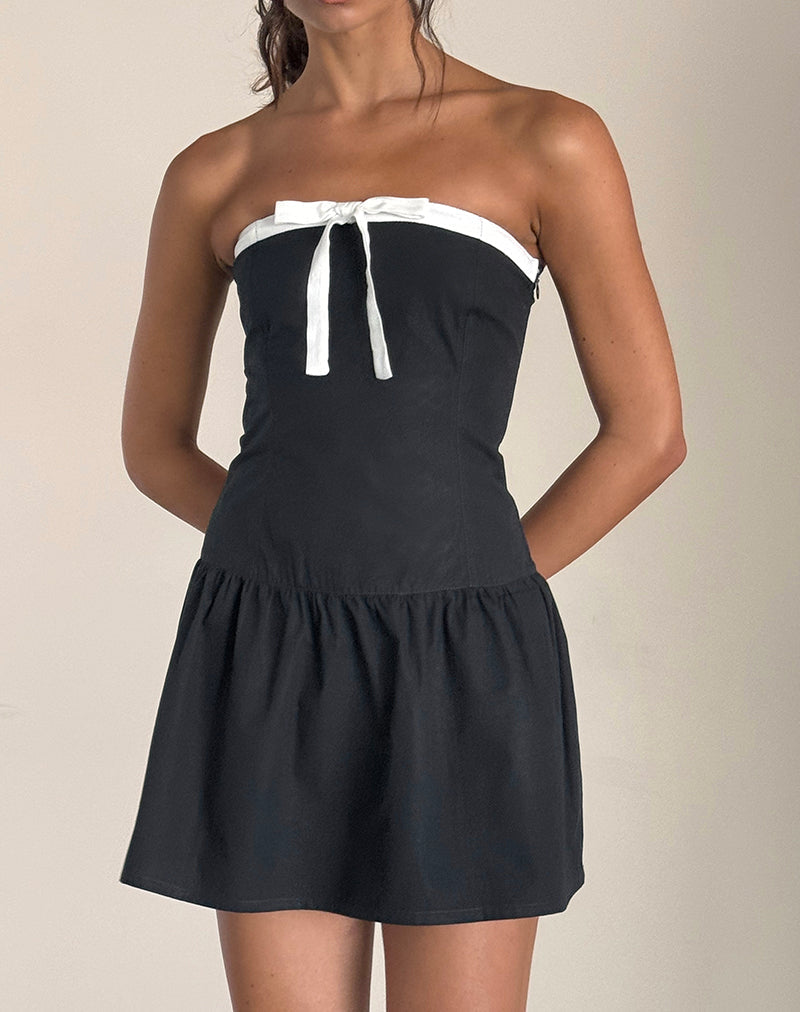Faelas Mini Dress in Tap Shoe with Off White Bows , Pleated Faelas Mini Dress in Tap Shoe with Off White Bows , Pleated