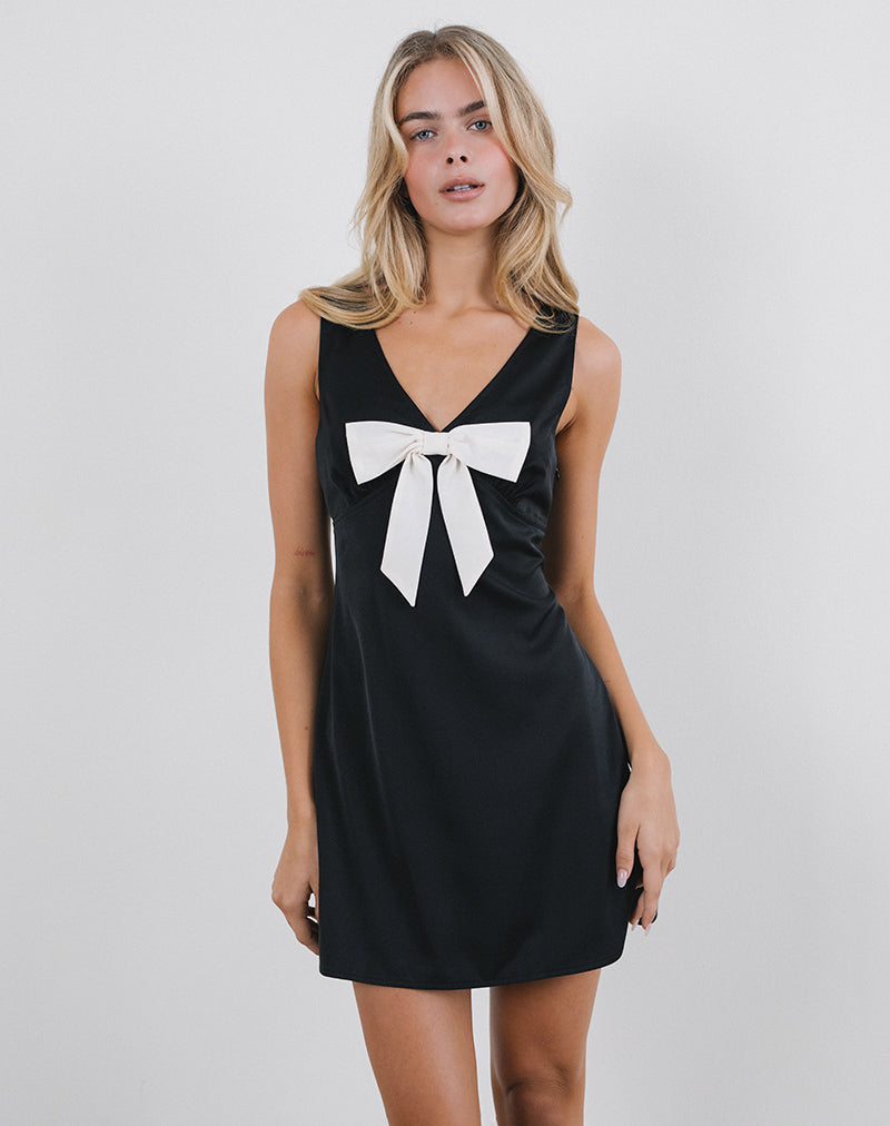 Faradiba Mini Dress in Satin Black with Ivory Bow , V Neck