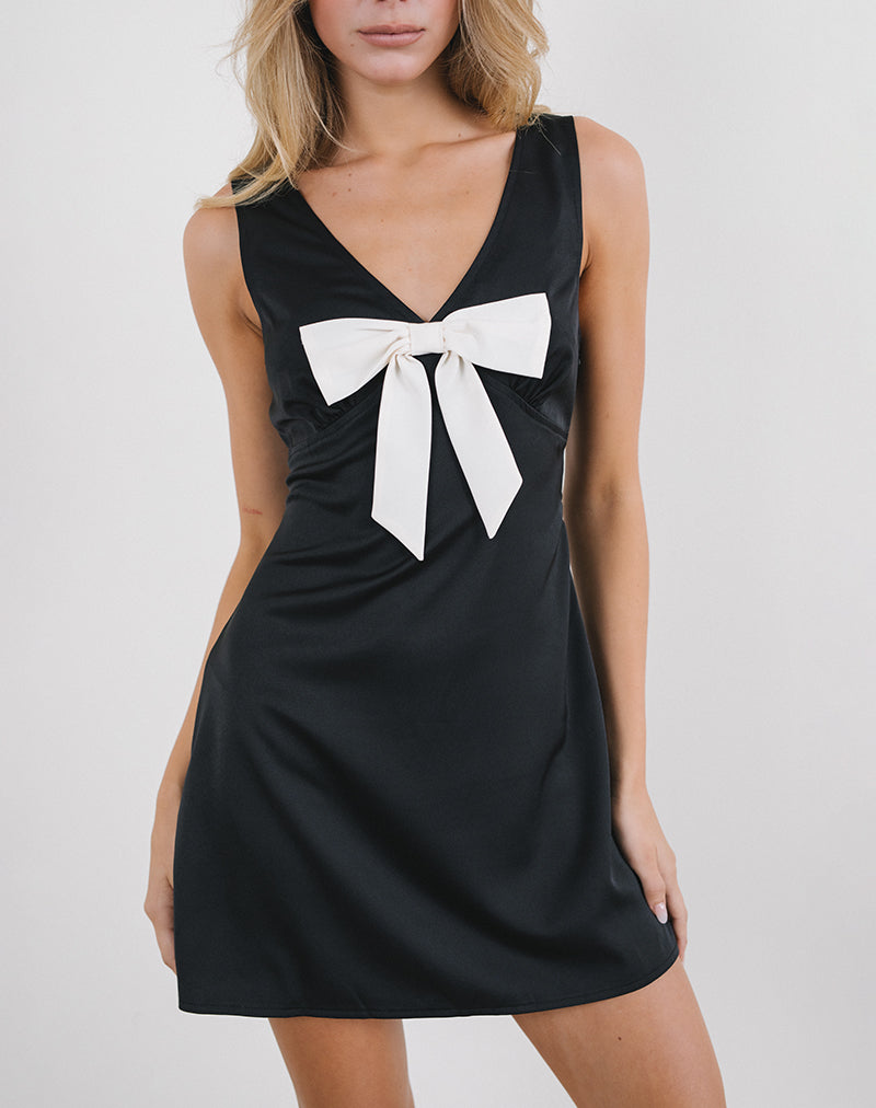 Faradiba Mini Dress in Satin Black with Ivory Bow , V Neck