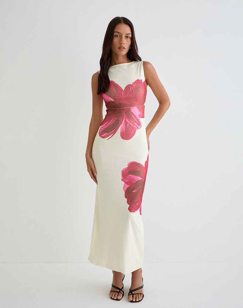 Fayola Printed Maxi Dress in Cream with Red Watercolour Flower , Crew Neck Fayola Printed Maxi Dress in Cream with Red Watercolour Flower , Crew Neck