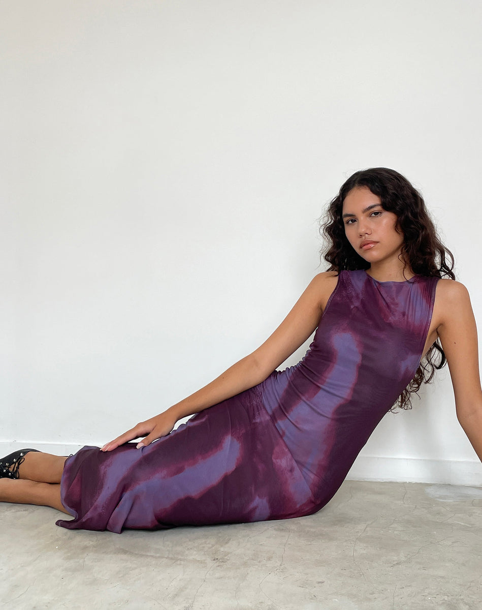 motel fayola mesh midi dress Fayola Printed Maxi Dress in Watercolour Wine