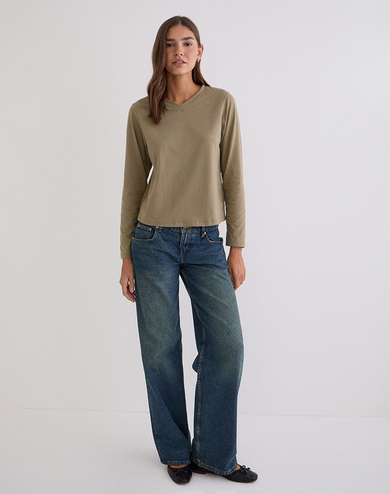Khaki Green Long Sleeve Slouchy V Neck Top | Feman – motelrocks-com-us
