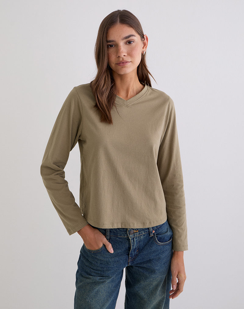 Khaki Green Long Sleeve Slouchy V Neck Top | Feman – motelrocks-com-us