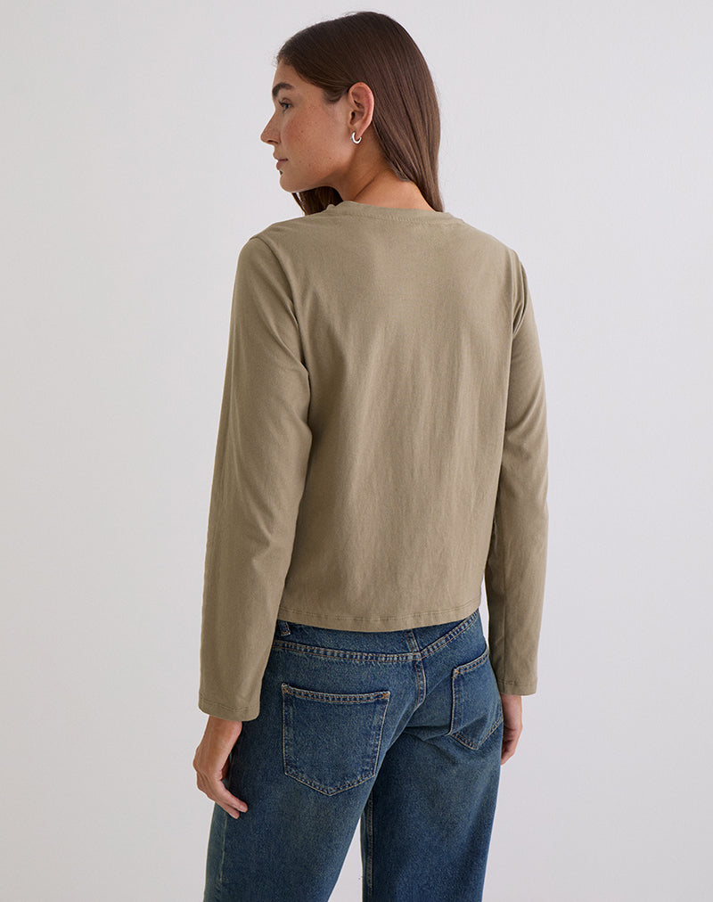 Khaki Green Long Sleeve Slouchy V Neck Top | Feman – motelrocks-com-us