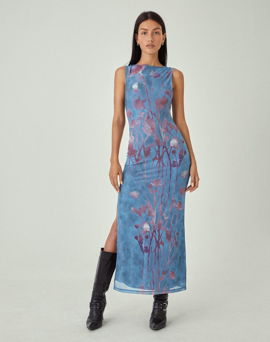 Blue Floral Pattern Crewneck Sleeveless Midi Dress | Flo motelrocks-com-us Blue Floral Pattern Crewneck Sleeveless Midi Dress | Flo motelrocks-com-us