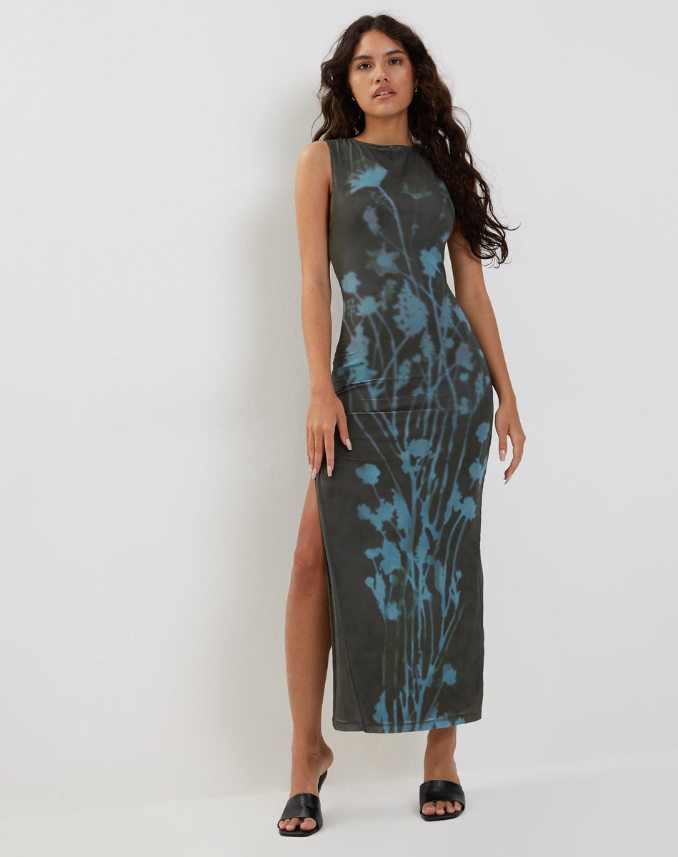 Flo Midi Dress in Lumen Mesh Green , Floral , Crew Neck Flo Midi Dress in Lumen Mesh Green , Floral , Crew Neck