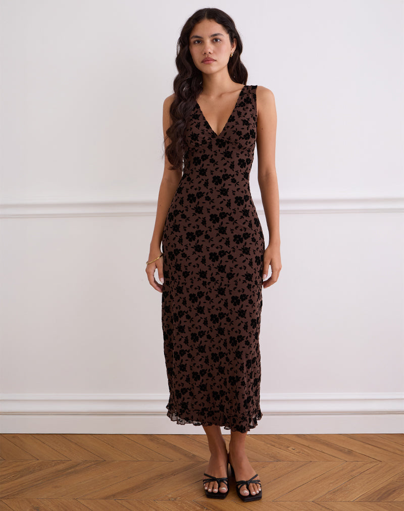 Brown Floral Garden V Neck Midi Dress | Gabriela  motelrocks-com-us