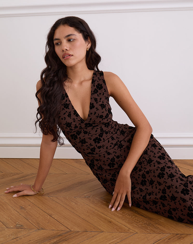 Brown Floral Garden V Neck Midi Dress | Gabriela motelrocks-com-us Brown Floral Garden V Neck Midi Dress | Gabriela motelrocks-com-us