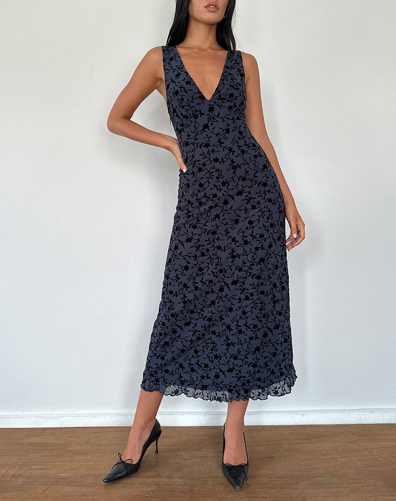 Navy Flocked Petal Midi Dress | Gabriela motelrocks-com-us Navy Flocked Petal Midi Dress | Gabriela motelrocks-com-us