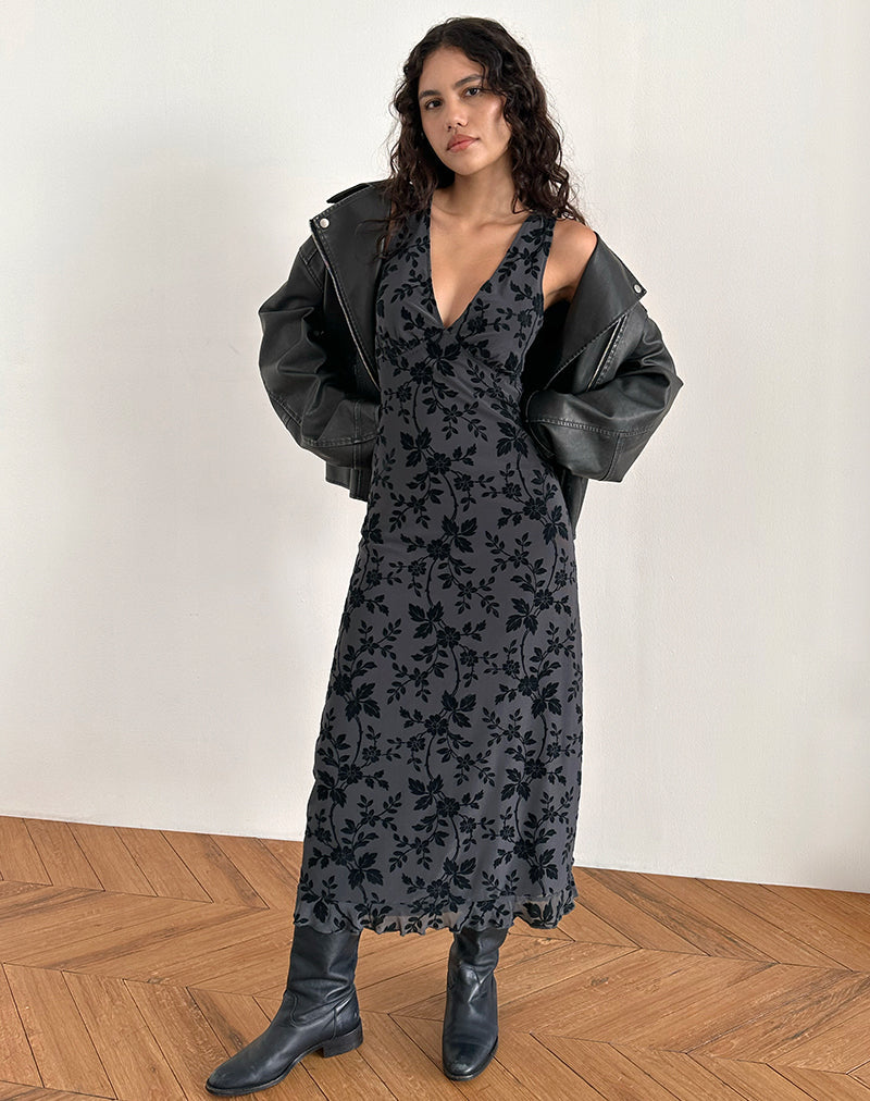 Noemie Floral Zip-Up Dress エムサイズ　ブラック Ocean Storm Grey Floral Flocked Dress | Gabriela – motelrocks-com-us