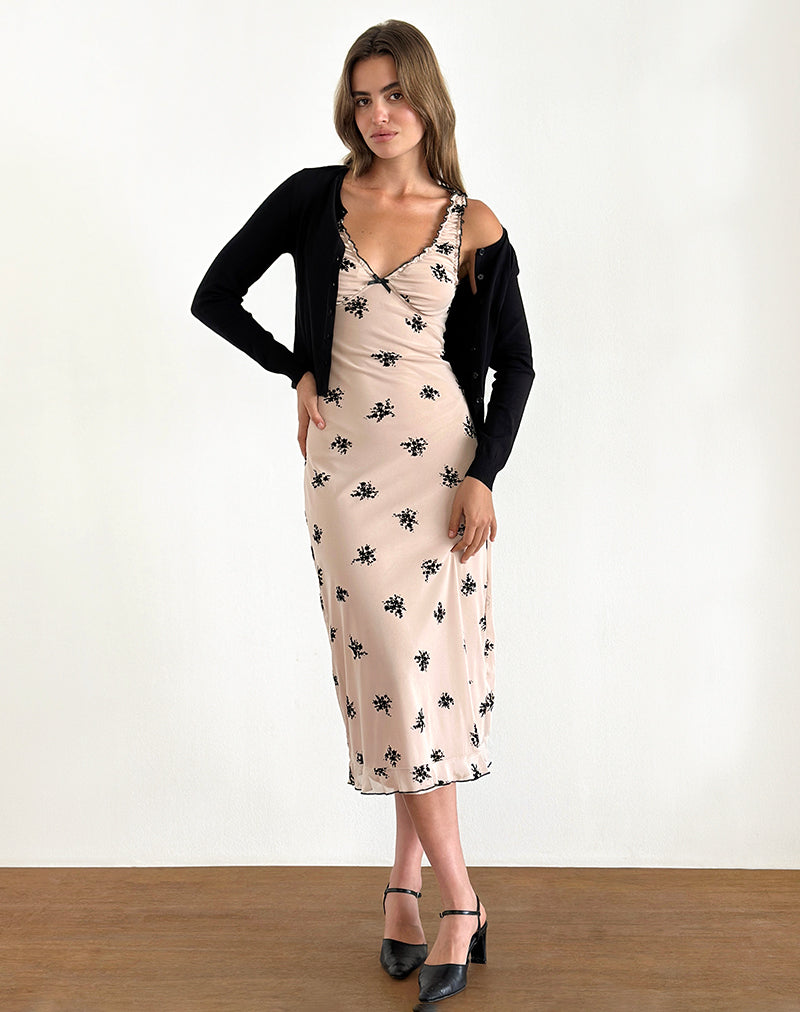 black and nude midi dress Nude and Black Ditsy Floral Flocked Print Midi Dress