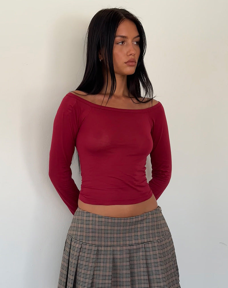 Gavya Long Sleeve Tissue Jersey Bardot Crop Top In Adrenaline Red
