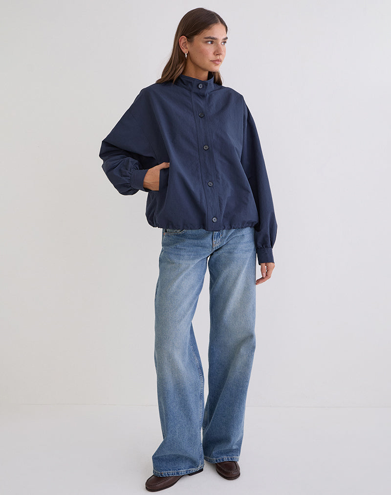 Navy Blue High Neck Long Sleeve Jacket | Gopala – motelrocks-com-us