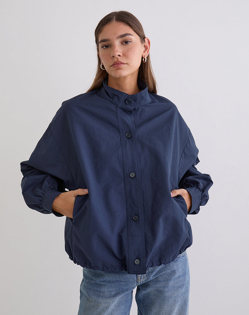Navy Blue High Neck Long Sleeve Jacket | Gopala – motelrocks-com-us