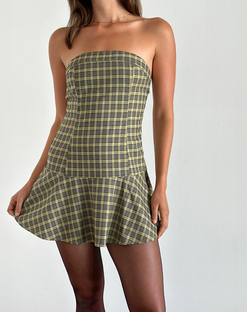 Hadia Bandeau Mini Dress in Check Yellow , Pleated