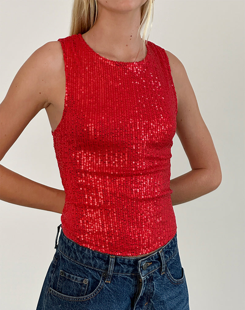 Hala Vest Top in Red Drape Mini Sequin