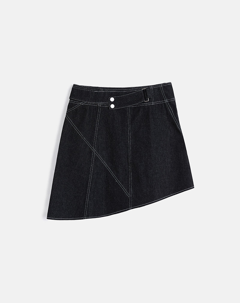 Black Washed Denim Asymmetrical Midi Skirt | Hayashi – motelrocks