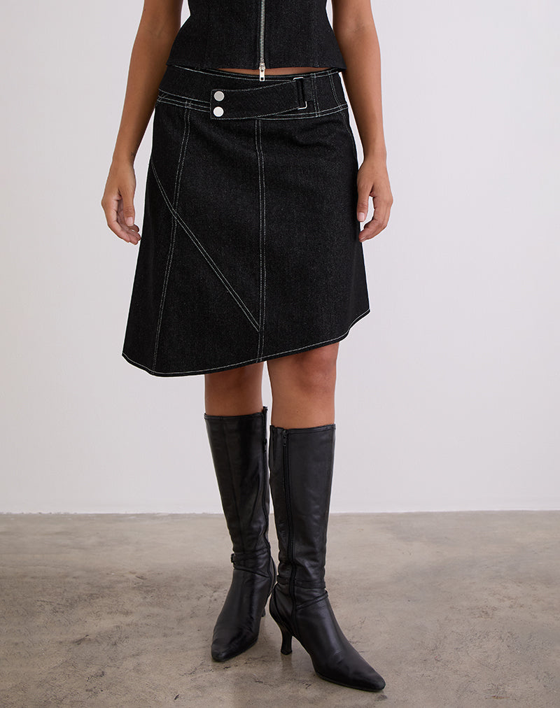 Black Washed Denim Asymmetrical Midi Skirt | Hayashi – motelrocks