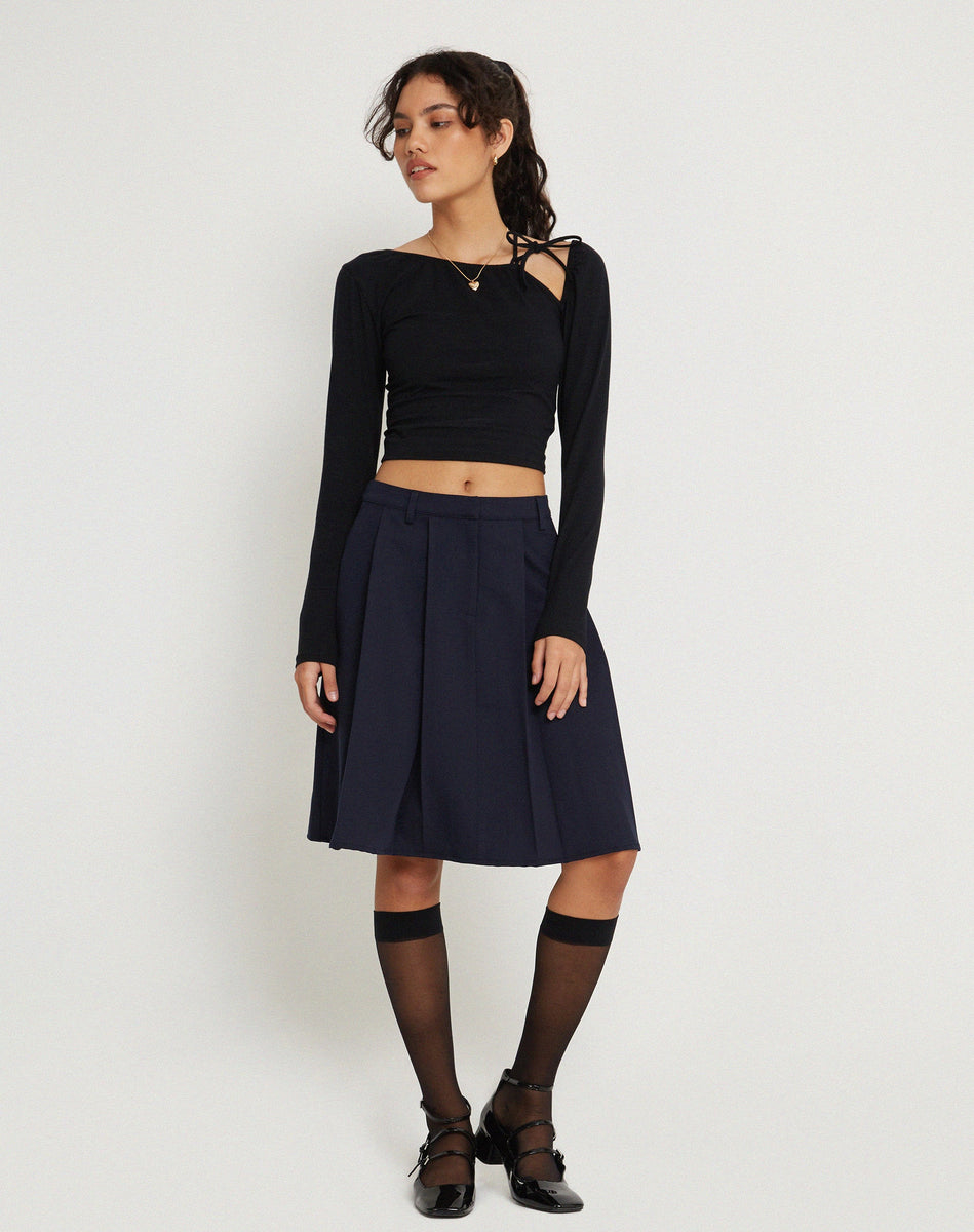 Navy Stitched Down Kick Pleat Skirt main image 1