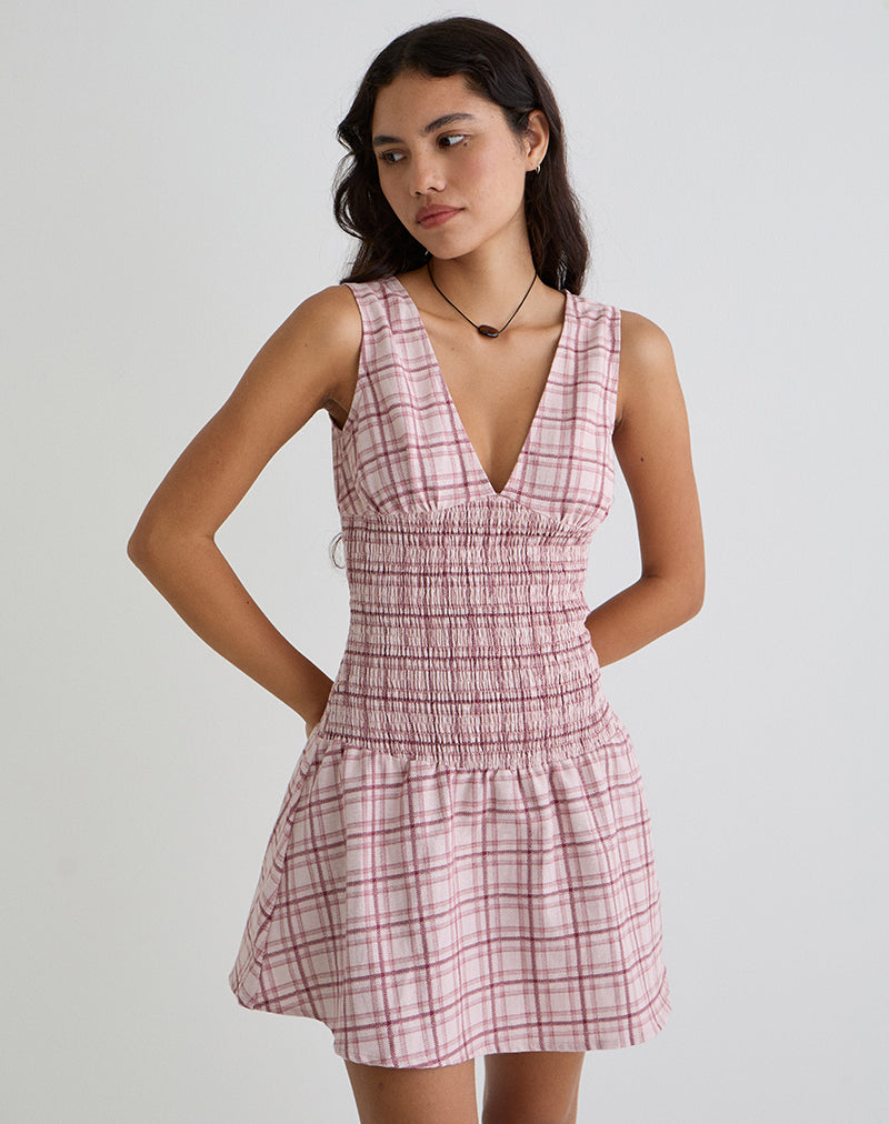 Hevoria Mini Dress in Basic Tartan Pink , Pleated , V Neck