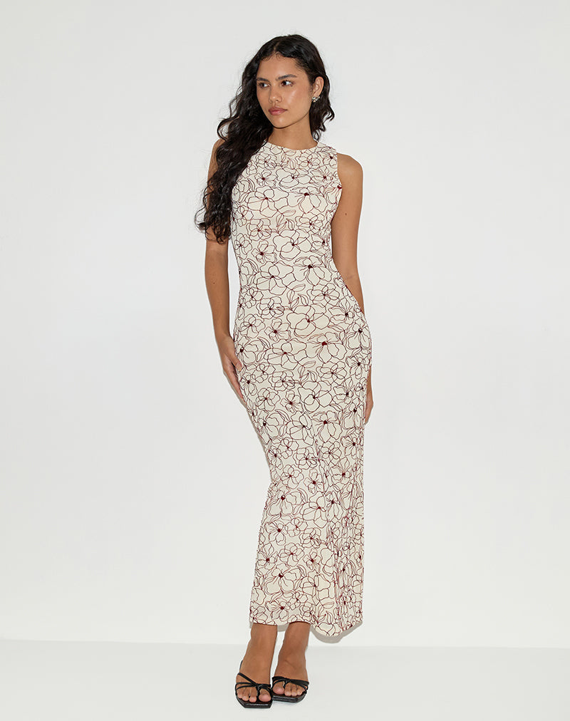 flocked mesh maxi dress Cream Flower Print Maxi Dress
