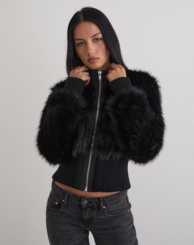Black Shaggy Faux Fur Jacket | Homari – motelrocks-com-us