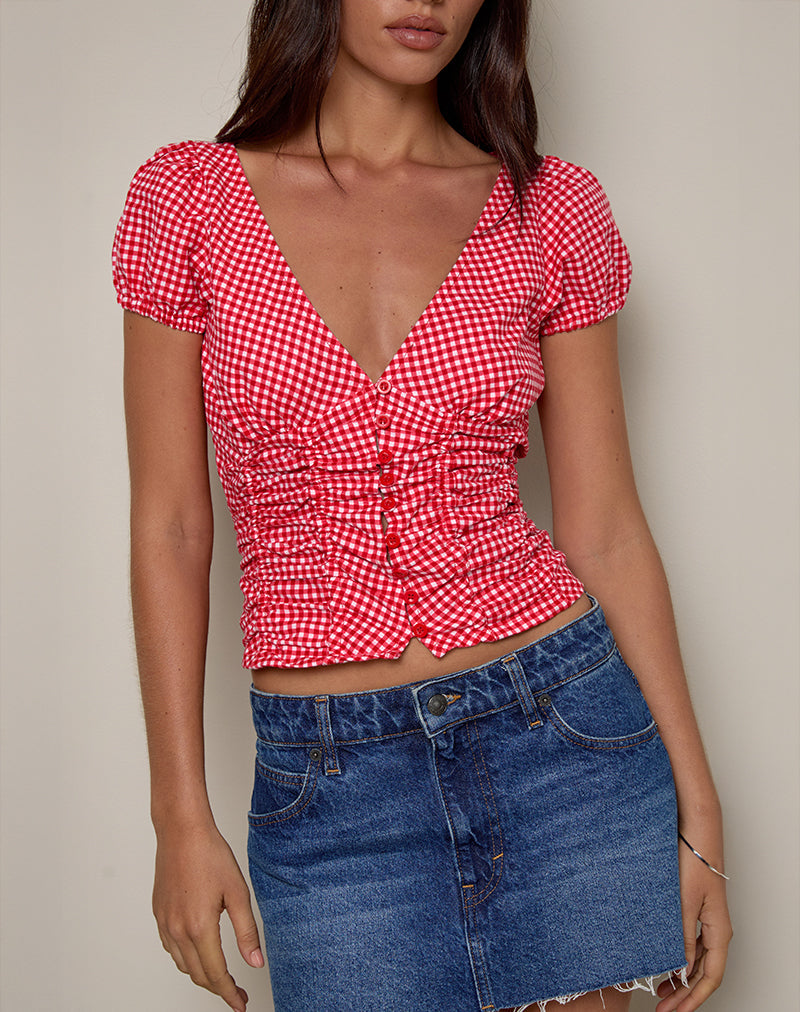 Red Gingham Ruched Blouse | Ilase – motelrocks-com-us