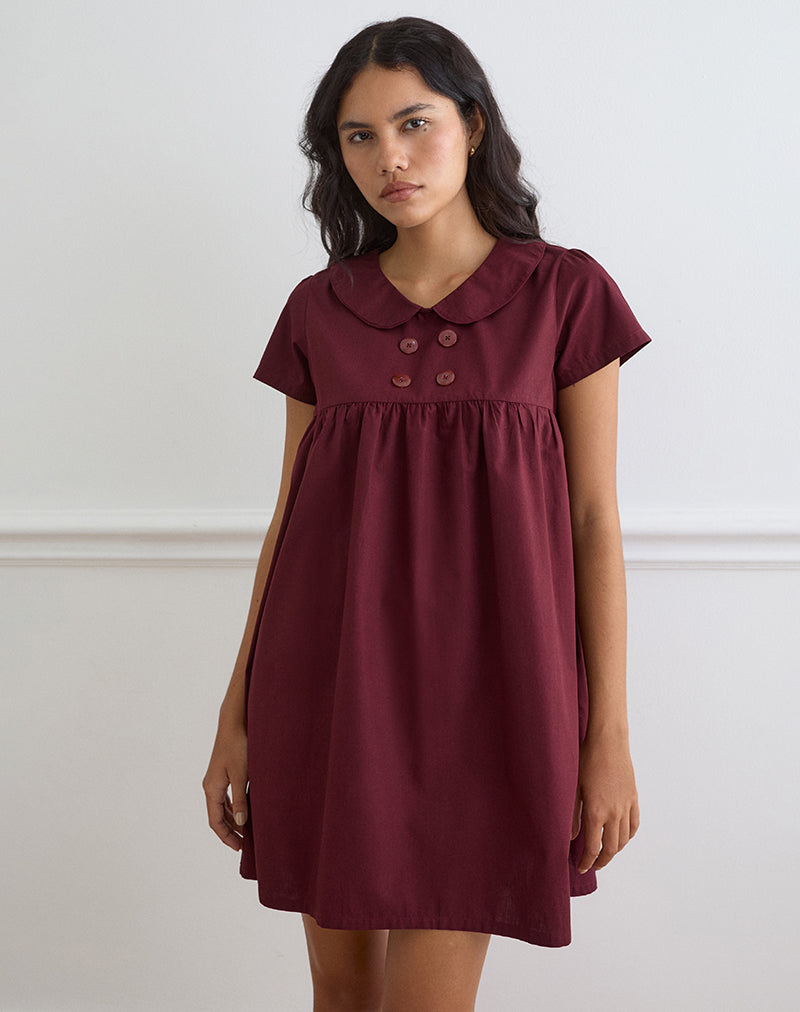 Imiraty Babydoll Mini Dress in Poplin Maroon , Zip Up , Buttons Imiraty Babydoll Mini Dress in Poplin Maroon , Zip Up , Buttons