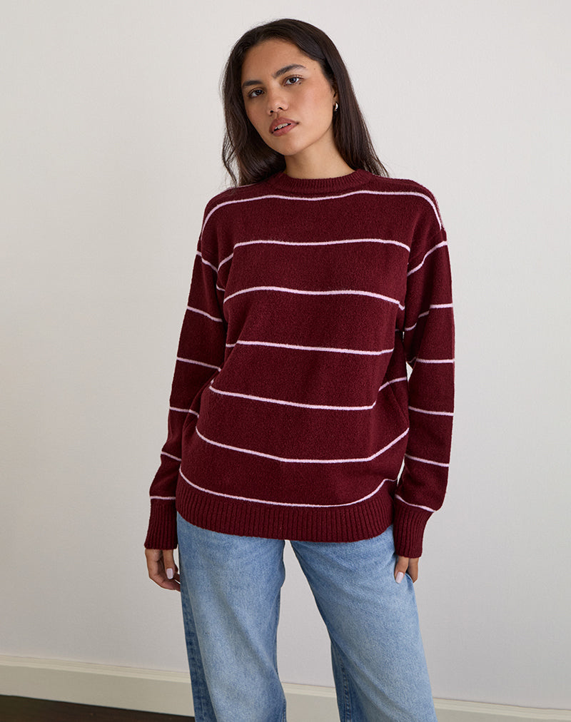 Burgundy and Pink Stripe Knitted Jumper | Ishari – motelrocks-com-us